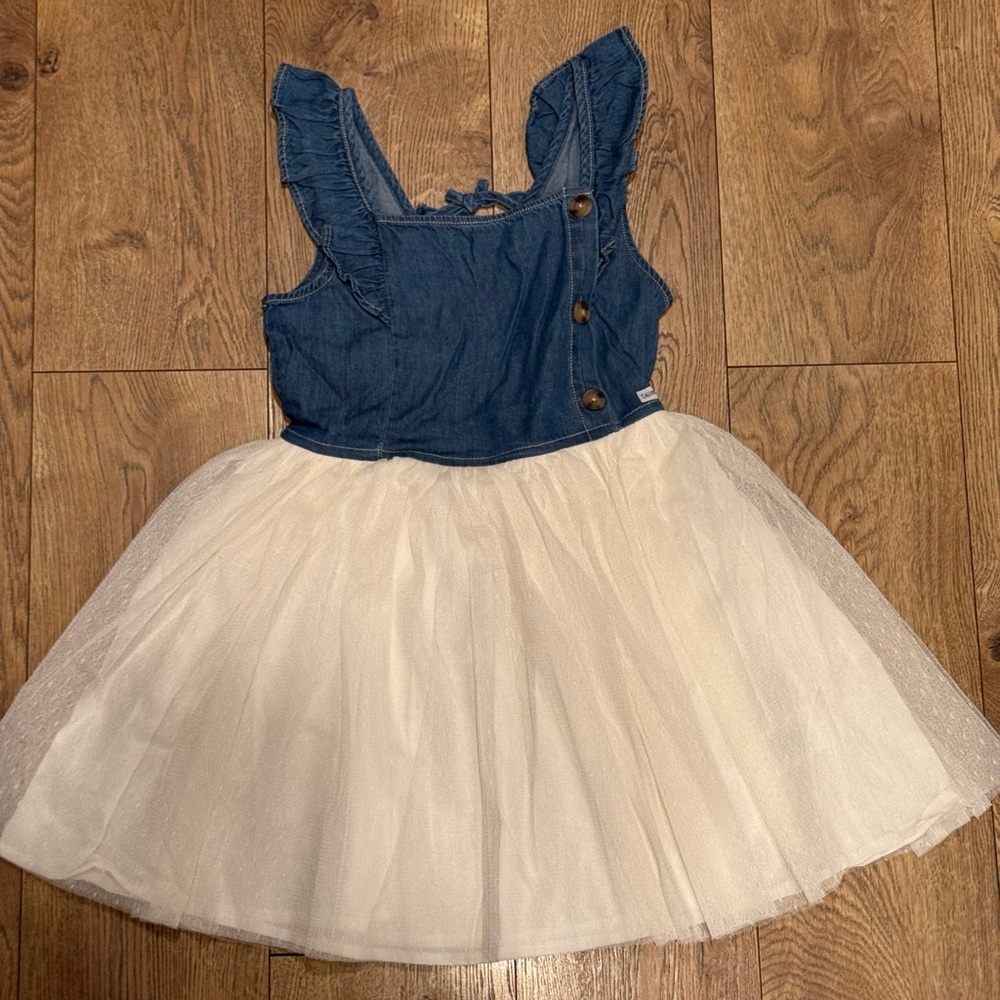 Girls Calvin Klein Jeans Classic Blue Denim and Cream Tulle Kids Dress